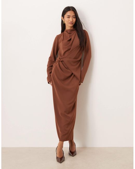 ASOS Brown High Neck Draped Slinky Maxi Dress