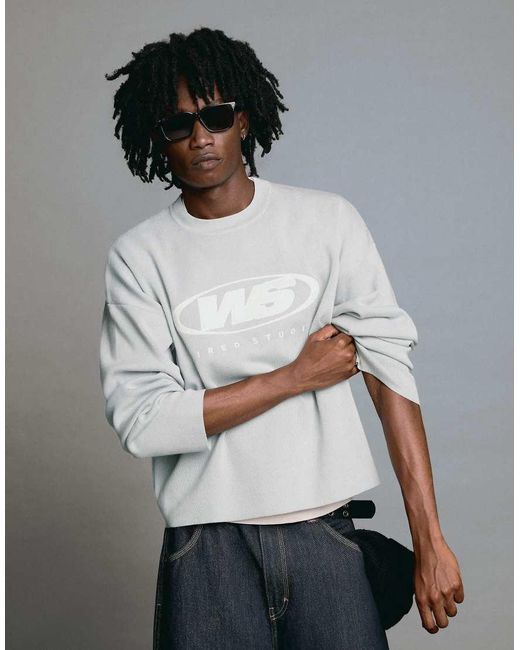 Bershka Gray Printed Round Neck Jumper for men