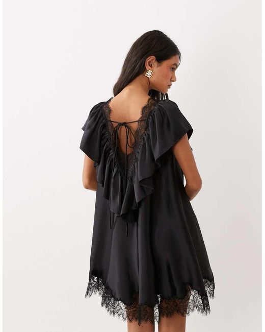 ASOS Black V Neck Satin Ruffle Mini Dress With Lace Trim