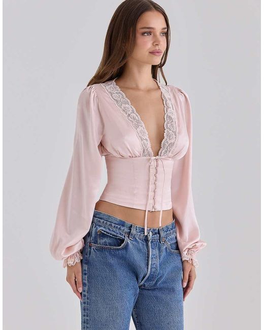 House Of Cb Blue Luciana Real Silk Long Sleeve Lace Trim Top