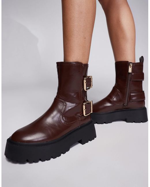 Bottines chunky style motard - bordeaux River Island en coloris Brown