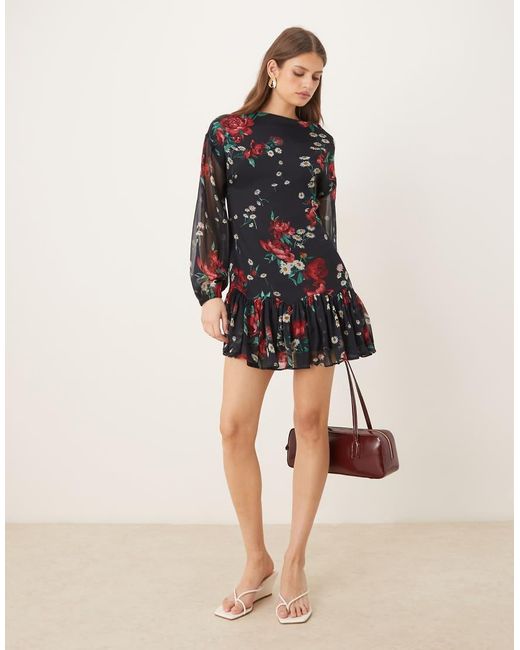 ASOS Natural Slash Neck Chiffon Godet Mini Dress