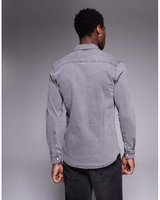 ASOS Gray Stretch Slim Denim Shirt for men