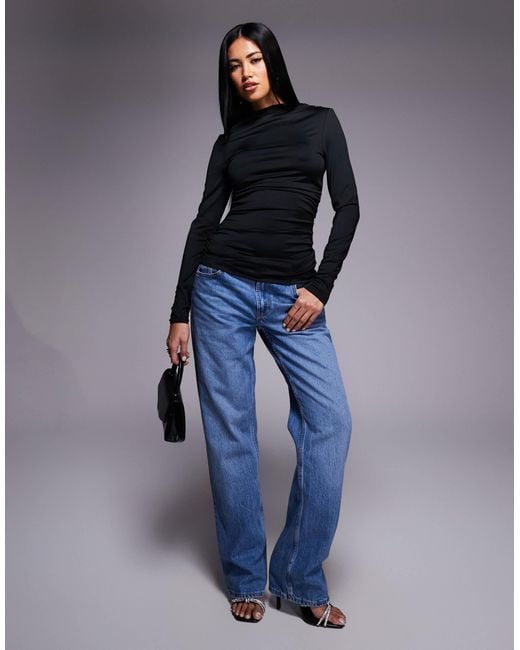 Threadbare Blue Slinky Slash Neck Long Sleeve Top