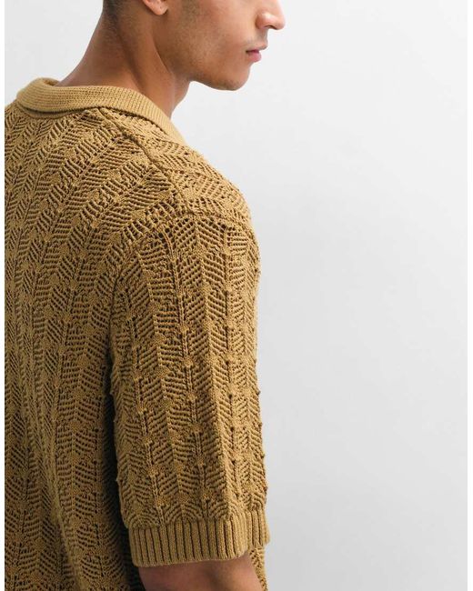 ASOS Natural Oversized Open Knit Textured Polo for men
