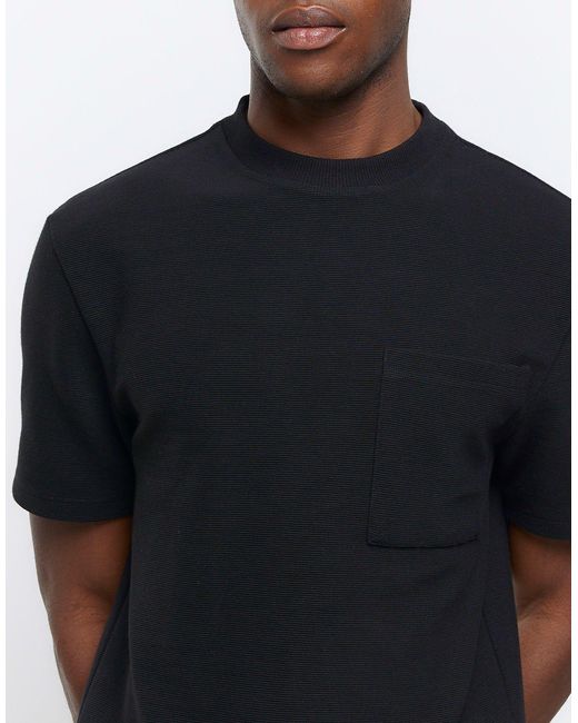 River Island Black Regular Fit Textured Pocket T-shirt for men