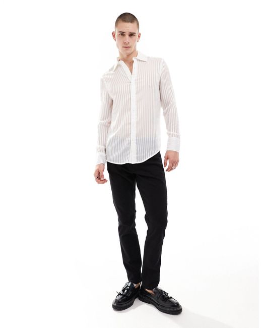 ASOS White Sheer Stripe Shirt With 70's Collar for men