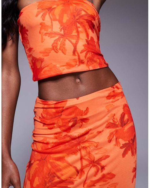 Princess Polly Red Mesh Bandeau Top And Low Rise Midi Skirt Full Set