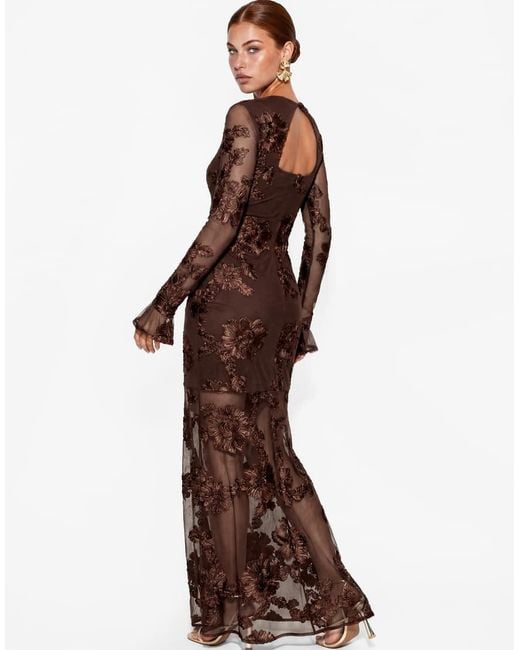 Maya Brown 3D Floral Applique Long Sleeve Mesh Maxi Dress