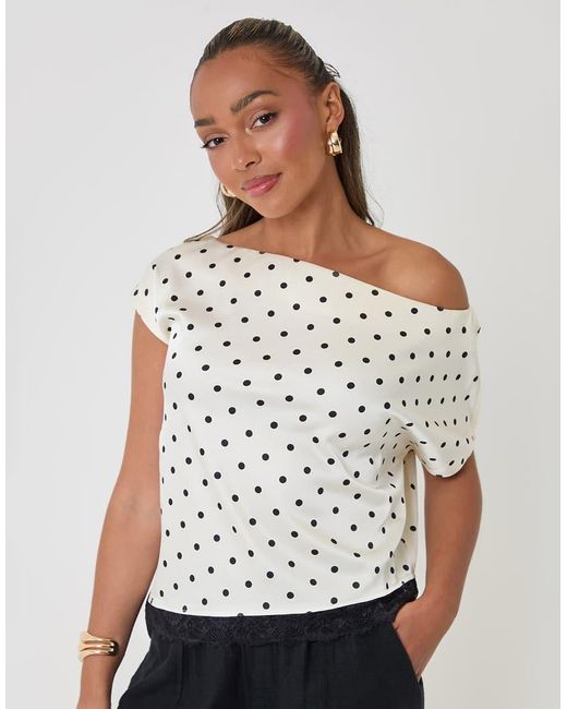Threadbare White Polka Dot Satin Lace Trim Co-Ord Slash Neck Top