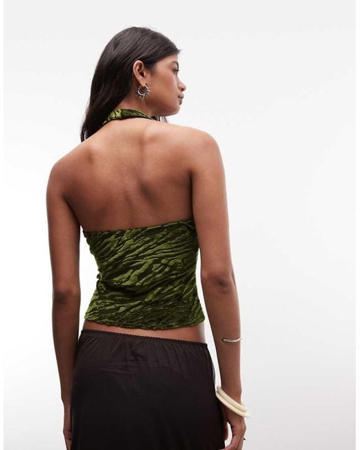 Reclaimed Vintage Green Flocked Mesh Cami Halter Top
