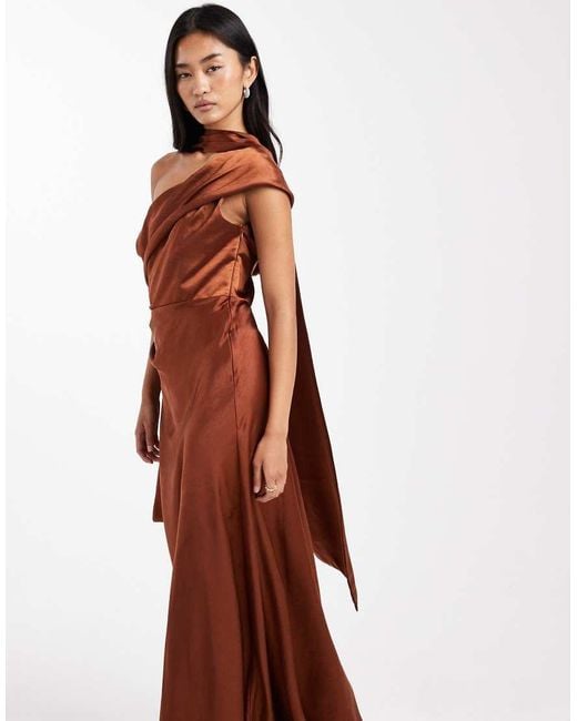 Six Stories Brown Bridesmaid Bow One Shoulder Satin Maxi Dress