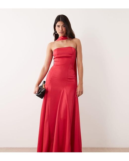 Kaiia Red Exclusive Satin Scarf Detail Bandeau Godet Hem Maxi Dress
