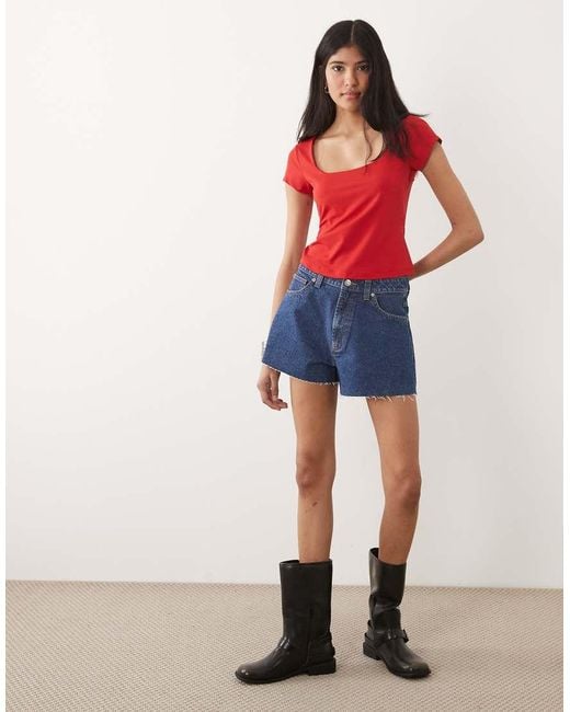 ASOS Red Polyamide Scoop Neck Short Sleeve Top