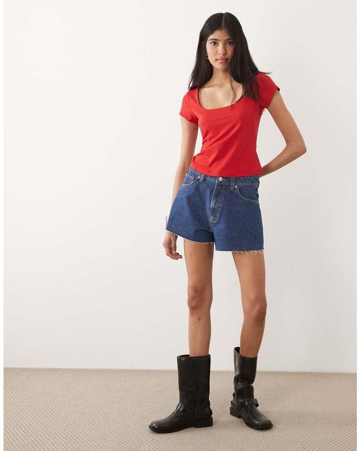 ASOS Top Van Polyamide Met Lage Ronde Hals En Korte Mouwen in het Red