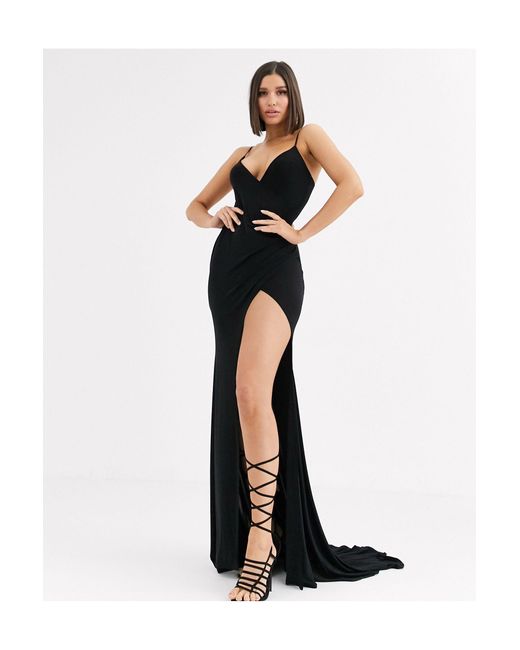 Club L London Black – es, tief ausgeschnittenes Maxi-Kleid mit hohem Beinschnitt