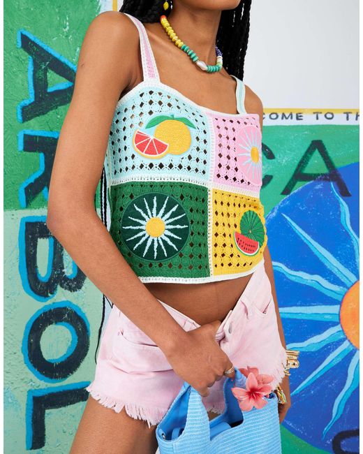River Island Green Atlas Tropical Print Crochet Vest