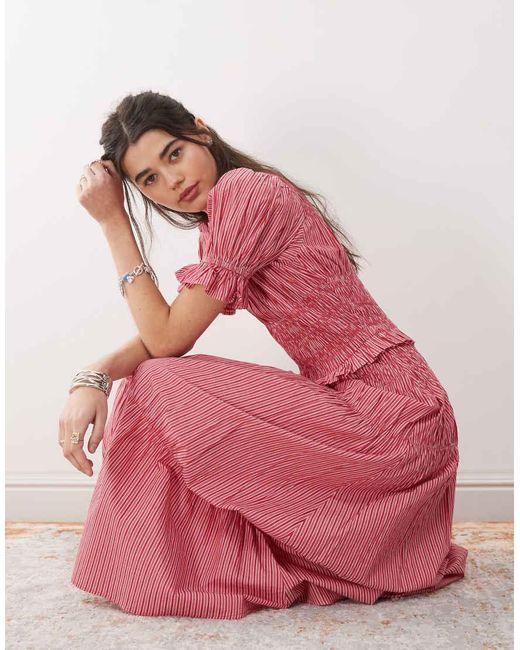 Reclaimed Vintage Pink Midi Sun Dress With Puff Sleeve And Shirred Detail