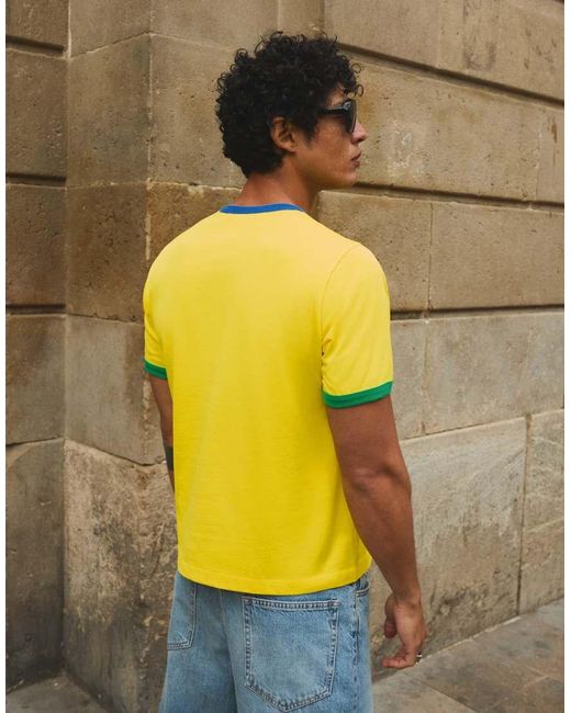 Bershka Yellow Slim Fit Brazil Print T-shirt for men