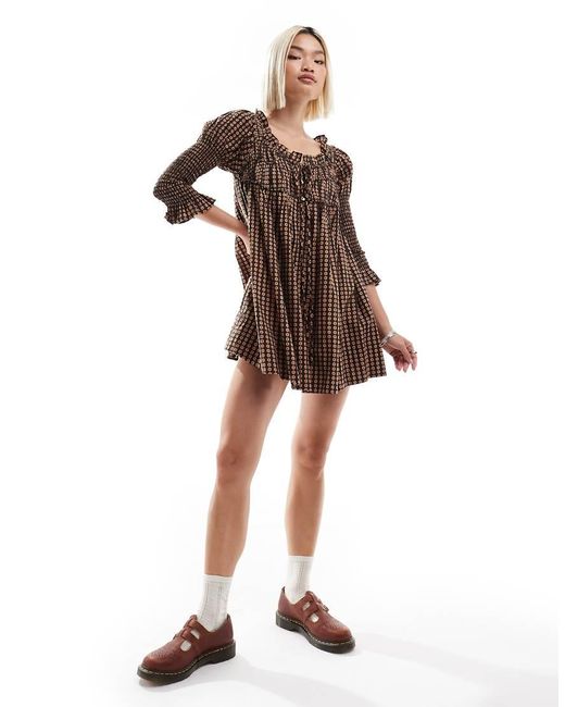 Vestito Punto Smock Corto A Quadri Multicolore Con Laccetti di Free People in Brown