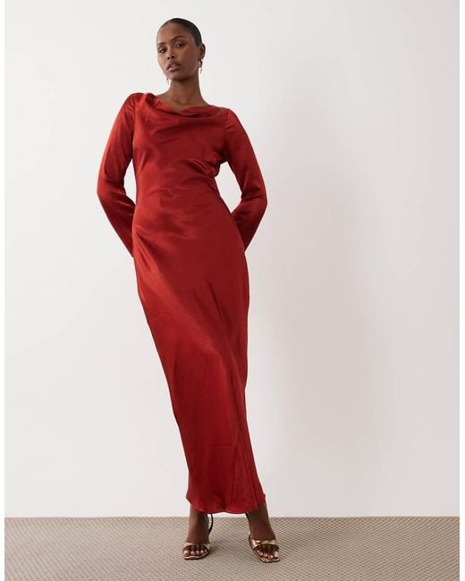 TFNC London Red Satin Fla Long Sleeve Maxi Dress