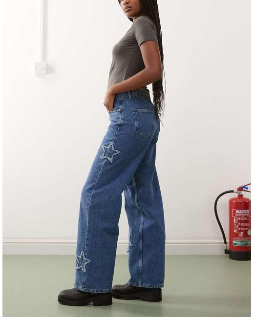 Noisy May Blue Wide Leg Jeans With Star Patches