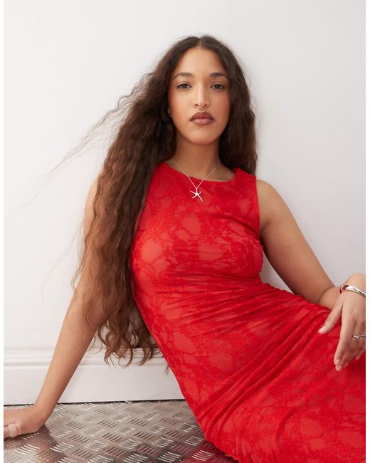 Amy Lynn Red Sheer Lace Slip Maxi Dress