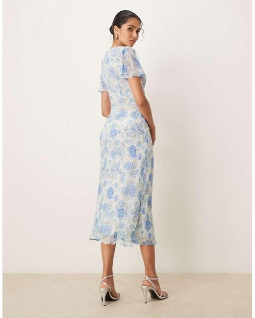 Mango Midaxi-Jurk Met V-Hals, Korte Mouwen, Strikdetail En Bloemenprint in het Blue