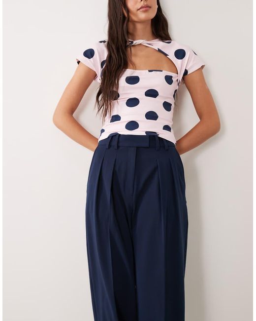 ASOS Blue Tailored Wide Leg Trousers With Pleat Detail