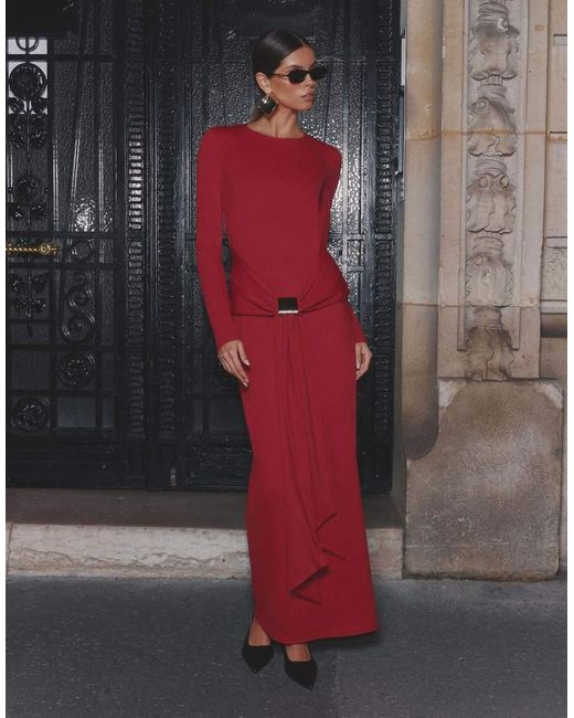 4th & Reckless Red Slinky Gold-tone Hardware Draped Front Maxi Dress