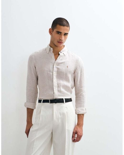 Polo Ralph Lauren White Custom Fit Long Sleeve Linen Sport Shirt for men
