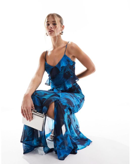 Miss Selfridge Blue Chiffon Asym Ruffle Maxi Dress