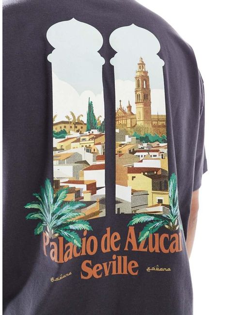Camiseta Gris Carbón Extragrande Con Estampado Gráfico De Paisaje De ASOS de hombre de color Blue
