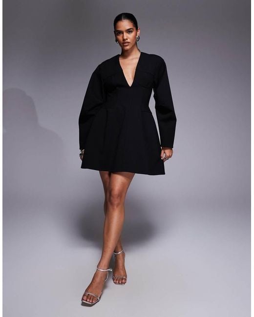 ASOS Blue Structured Dome Sleeves Plunge Mini Dress With Cup Seam Detailing