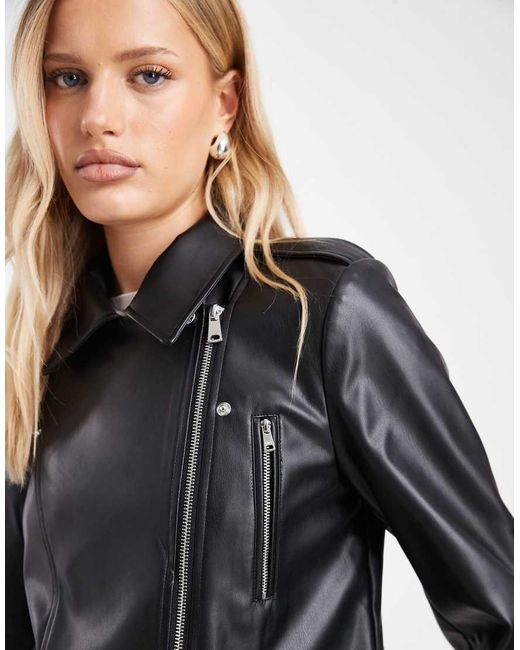 ONLY Blue Faux Leather Boxy Biker Jacket
