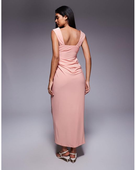 Robe mi-longue avec jupe drapée et encolure structurée à larges bretelles - clair ASOS en coloris Pink