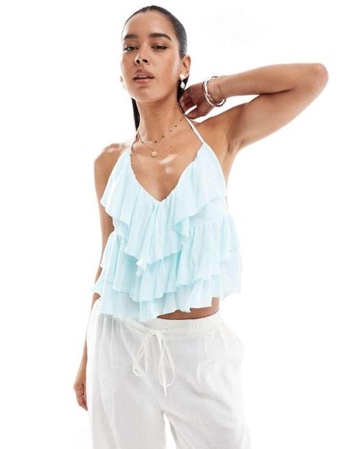 Bershka Blue Crinkle Halterneck Ruffle Top