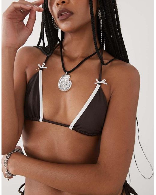 Lioness Brown Gisele Bow Detail Contrast Trim Halterneck Bikini Top