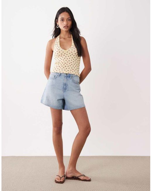 Miss Selfridge Blue Halterneck Top With Picot Trim Detail
