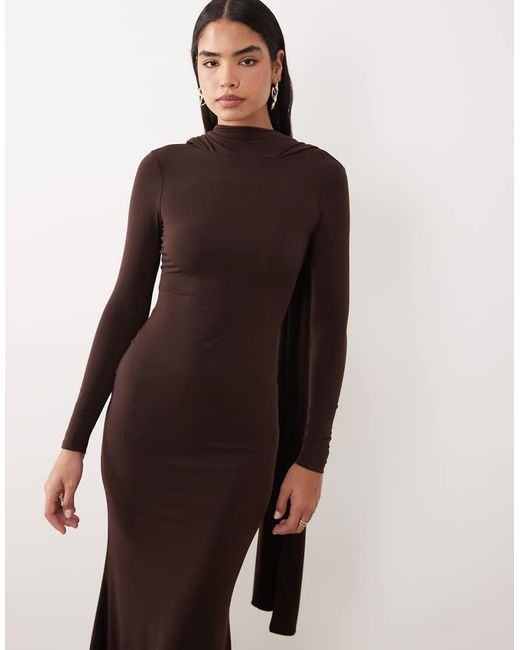 ASOS Brown Slinky Long Sleeve Maxi Dress With Extreme Cape Shoulder Detail