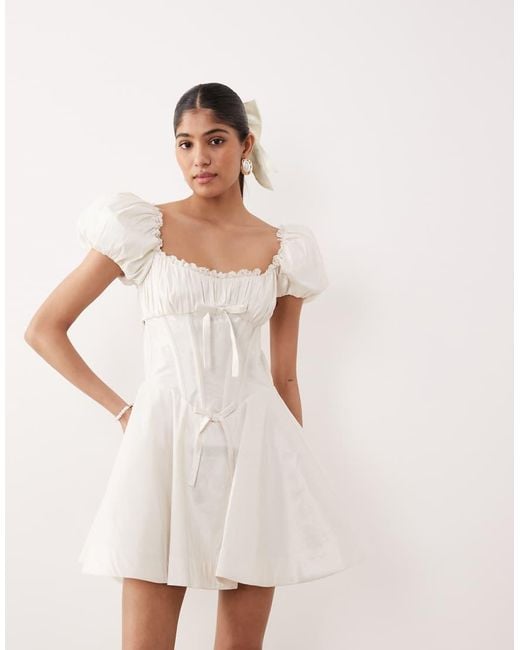 For Love & Lemons Natural Bridal Evaline Puff Sleeve Corset Bow Detail Open Back Mini Dress