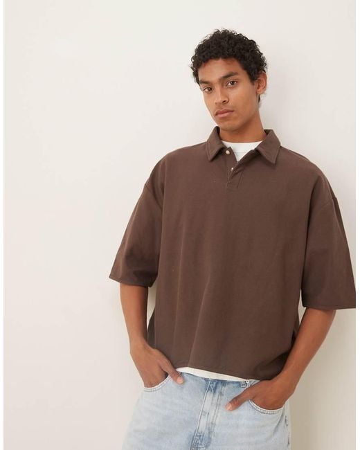 ASOS Brown Oversized Boxy Polo With Elasticated Hem for men