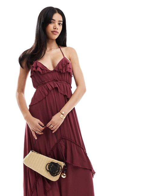 Bershka Red Frill Detail Occasion Maxi Dress