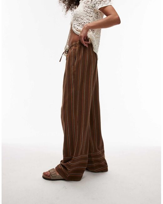 TOPSHOP Brown Linen Stripe Deep Cuff Straight Leg Trouser