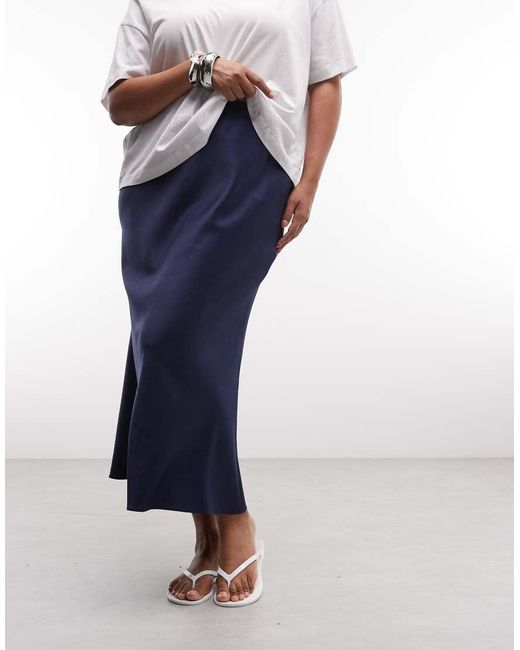 ASOS Blue Asos Design Curve Satin Bias Midi Skirt