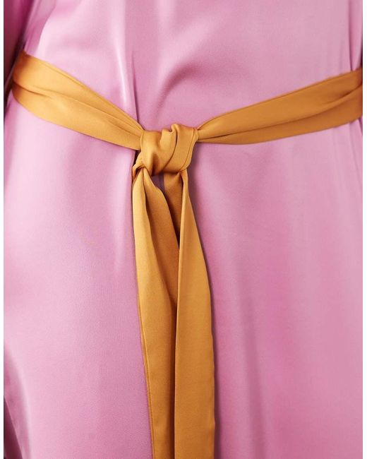 Iyal Pink Satin Contrast Bell Sleeve Maxi Belted Kaftan Dress