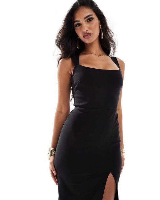 Vesper Black Bengaline Square Neck Thick Strap Thigh Split Midaxi Dress