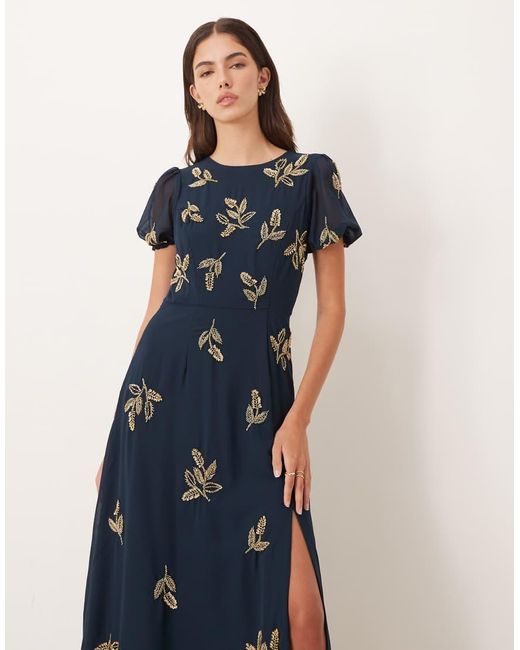 Maya Blue Embellished Short Sleeve Open Back Maxi Dress