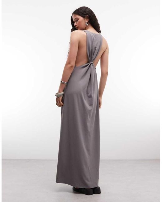 Weekday Brown Maxi Dress With Deep V Neck And Racer Back Metal Detail