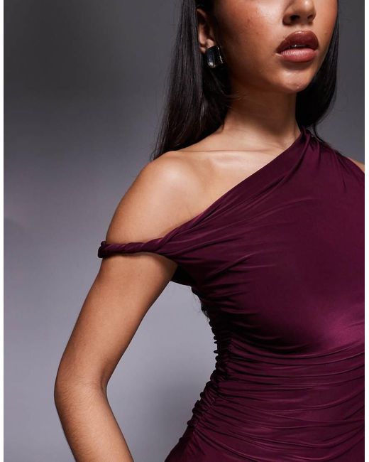Kaiia Purple Exclusive Double Laye Slinky Twist Off The Shoulder Bodycon Maxi Dress
